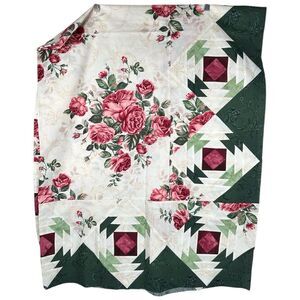 Handmade Green Red Pink Rose shabby chic unfinished Quilt topper